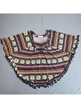 Funky People M Womens Poncho Snowflake Boho Fringe Hem Sweater Knit